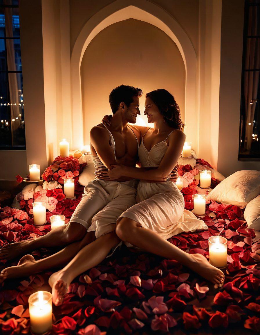 A couple in an intimate candle-lit setting, surrounded by soft pillows and sensual fabrics, sharing a moment of laughter and connection. Visual elements like rose petals and aromatic candles enhance the romantic atmosphere. The couple's expressions should convey joy and intimacy, capturing the essence of enhancing sexual pleasure together. soft lighting, warm tones, elegant textures. super-realistic. vibrant colors.