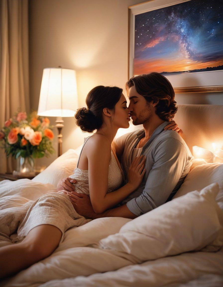 A cozy, intimate setting featuring a couple sharing a tender moment, surrounded by soft candlelight, plush pillows, and delicate floral arrangements. Their expressions radiate warmth and connection, symbolizing passion and understanding. A subtle backdrop of a starry night sky can enhance the romantic atmosphere. painting. warm colors. soft focus.