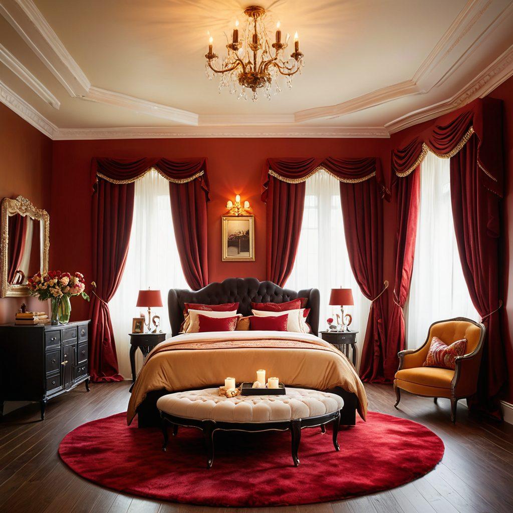 An inviting, luxurious bedroom adorned with soft, ambient lighting, featuring playful elements like a plush heart-shaped bed and sensual decor. Include silhouettes of two figures joyfully embracing, hinting at deeper companionship. Vibrant colors accentuate the romantic atmosphere, with a glass of wine and soft fabrics enhancing the adult lifestyle theme. A touch of whimsical fantasy with flowers and candles completes the scene. super-realistic. vibrant colors. intimate atmosphere.